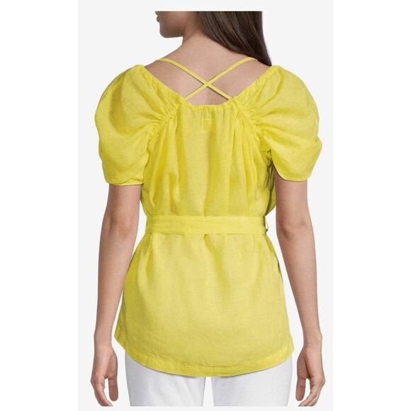 120% LINO Lemonade Yellow Linen Tie Waist Lightweight Blouse size xs 40 - Picture 2 of 7